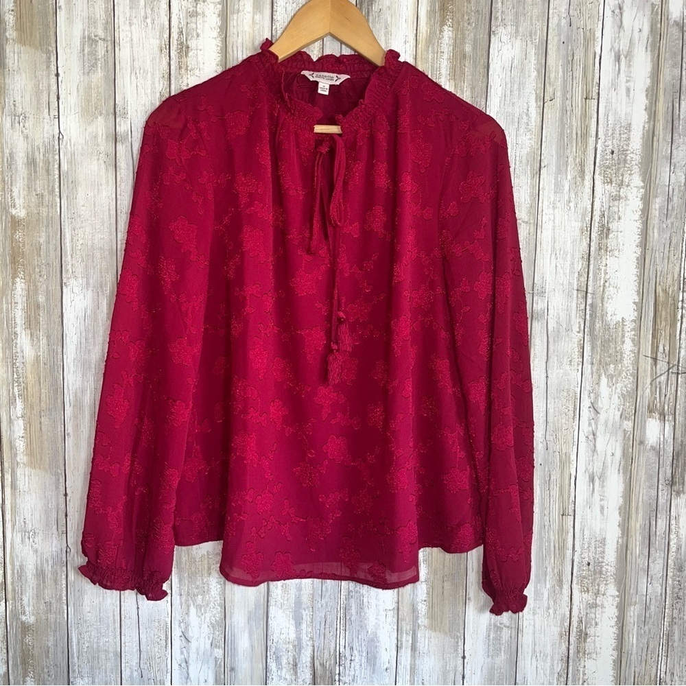 Nanette Lepore Pebble Crepe Floral Tie Neck Blouse Berry Red Size Small